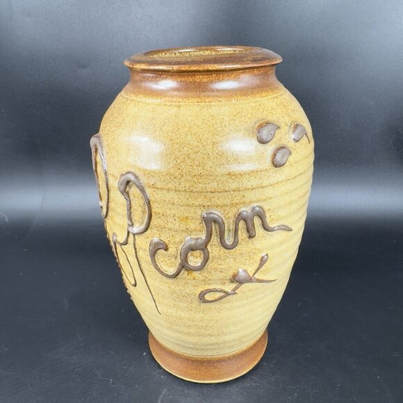 Hand Made Studio Art Pottery Vase Vessel Popcorn Brown Stoneware Vase Signed - Picture 10 of 13